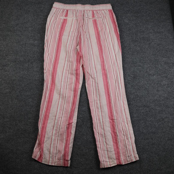 Linen Blend Pants Womens Medium Pink Striped Drawstring Elastic Waist Pockets - Picture 9 of 12